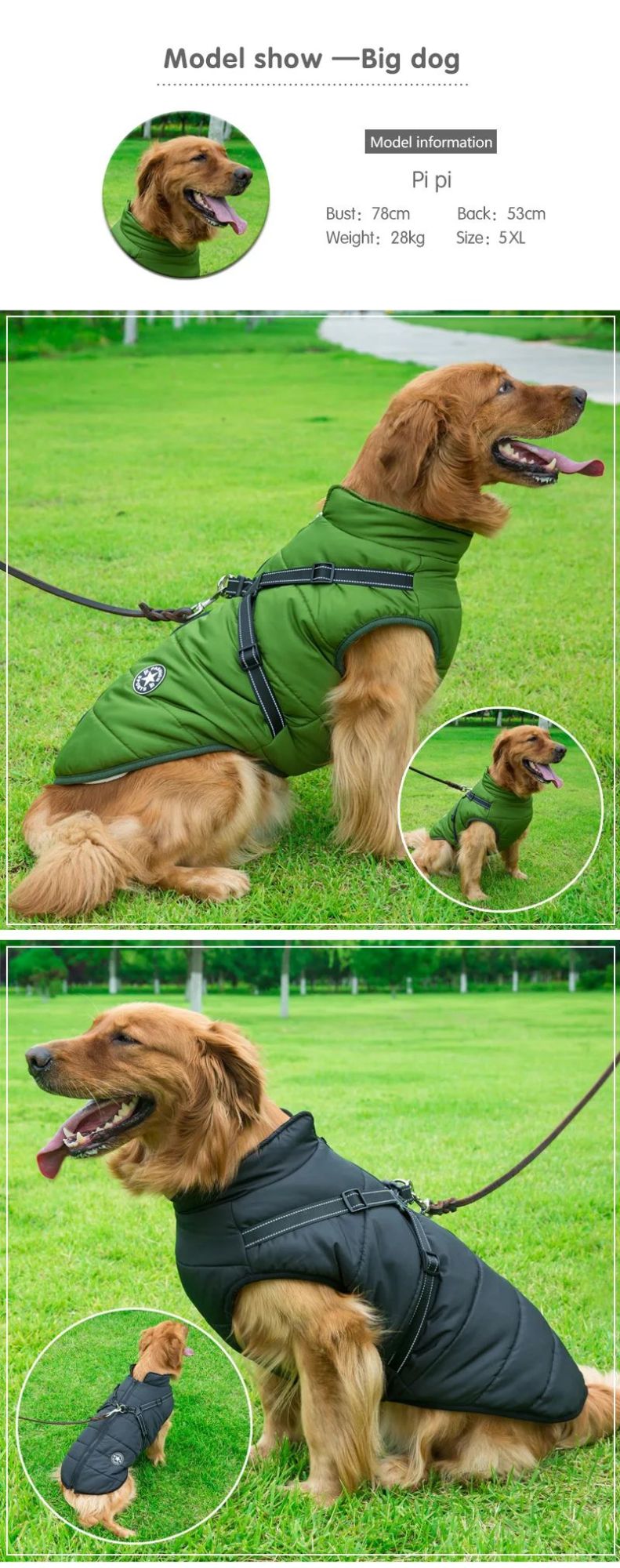 Jaqueta grande para cães de estimação com arnês inverno roupas quentes para
